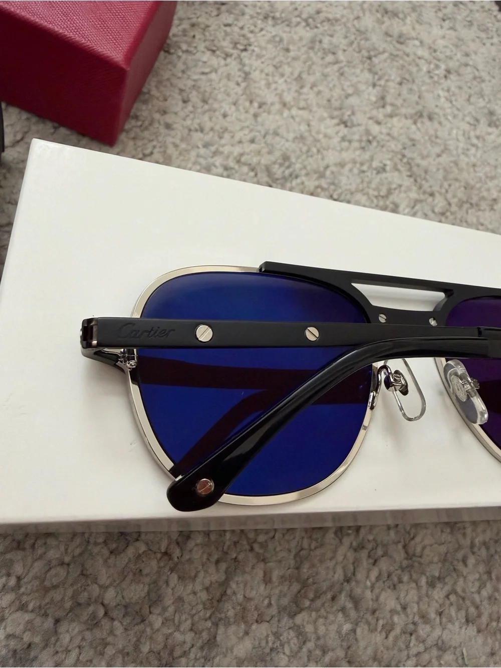 Cartier Black and Silver Santos De Cartier Aviator Sunglasses